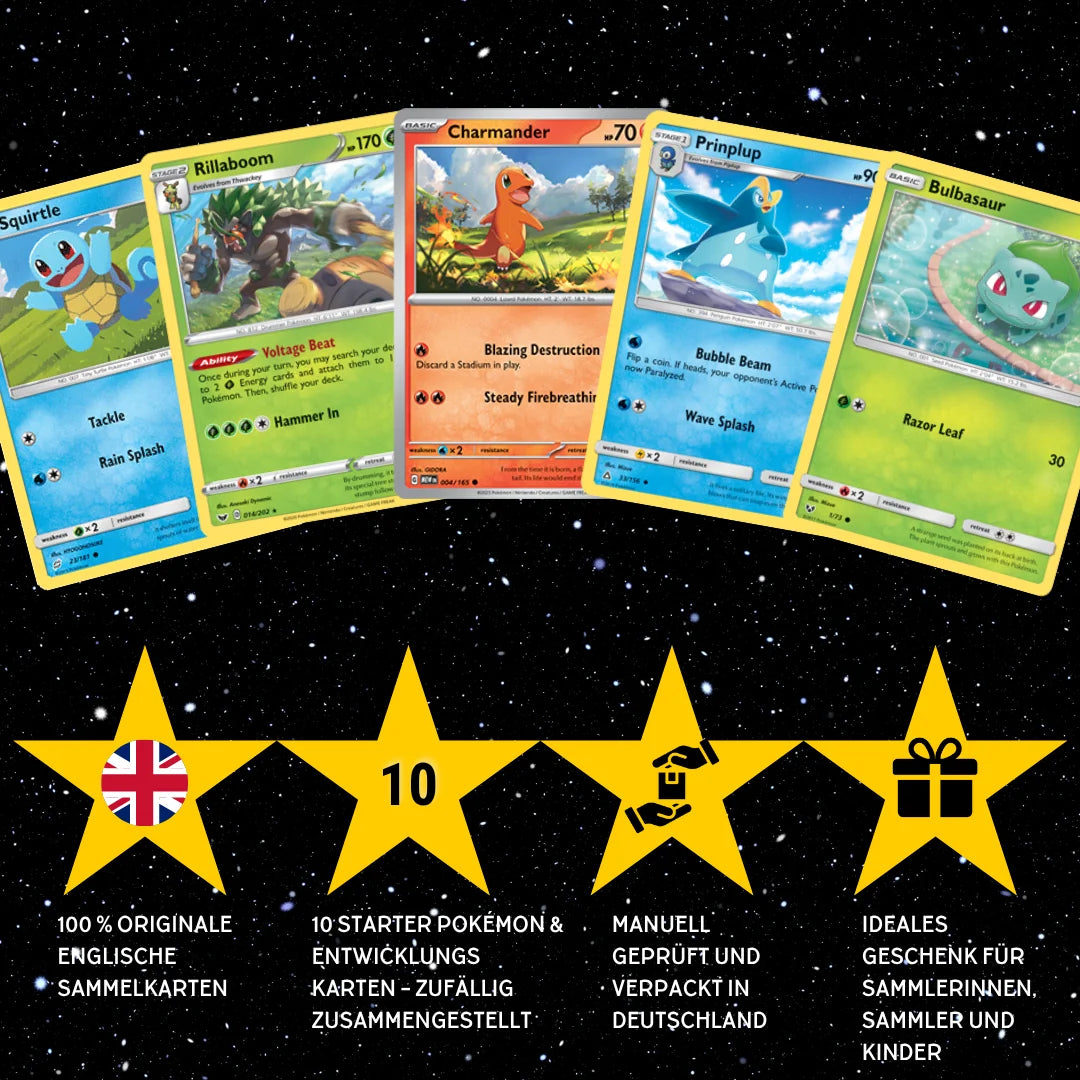 Pokémon Kaartenset Engels – 10 kaarten Starter Pokémon & ontwikkelingen – Willekeurig samengesteld