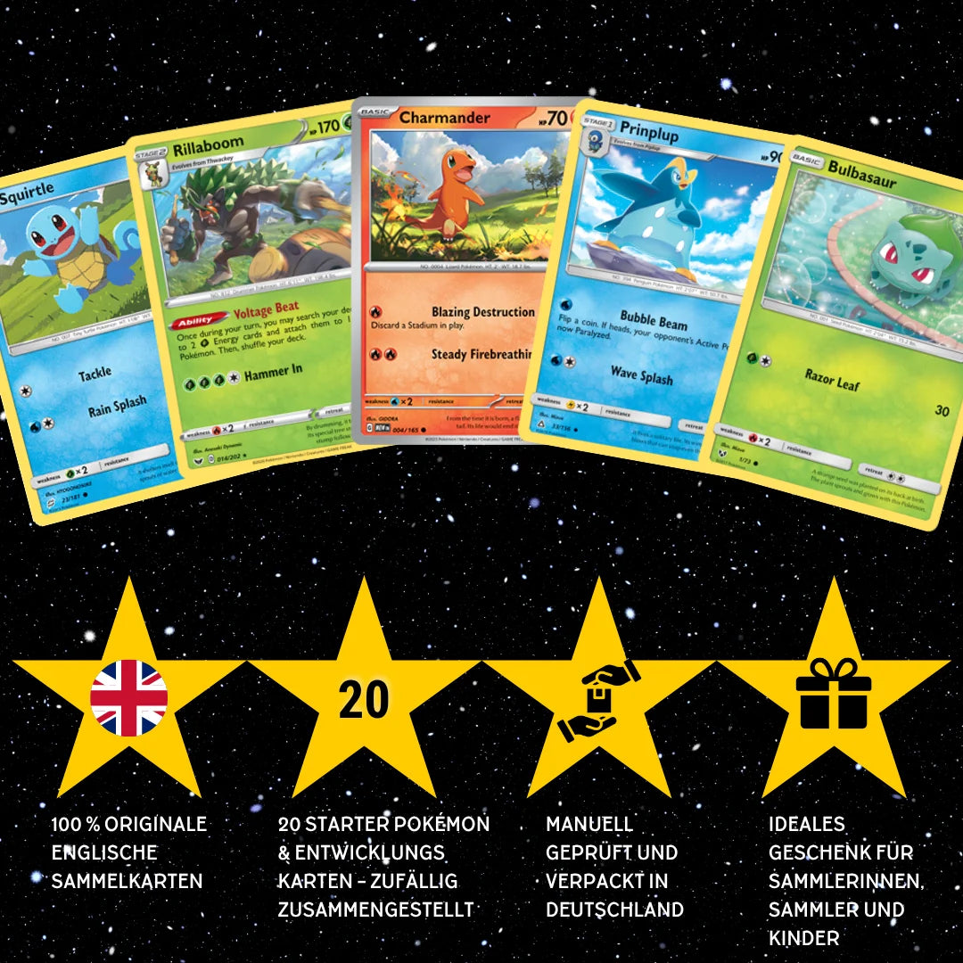 Pokémon Kaartenset Engels – 20 kaarten Starter Pokémon & ontwikkelingen – Willekeurig samengesteld