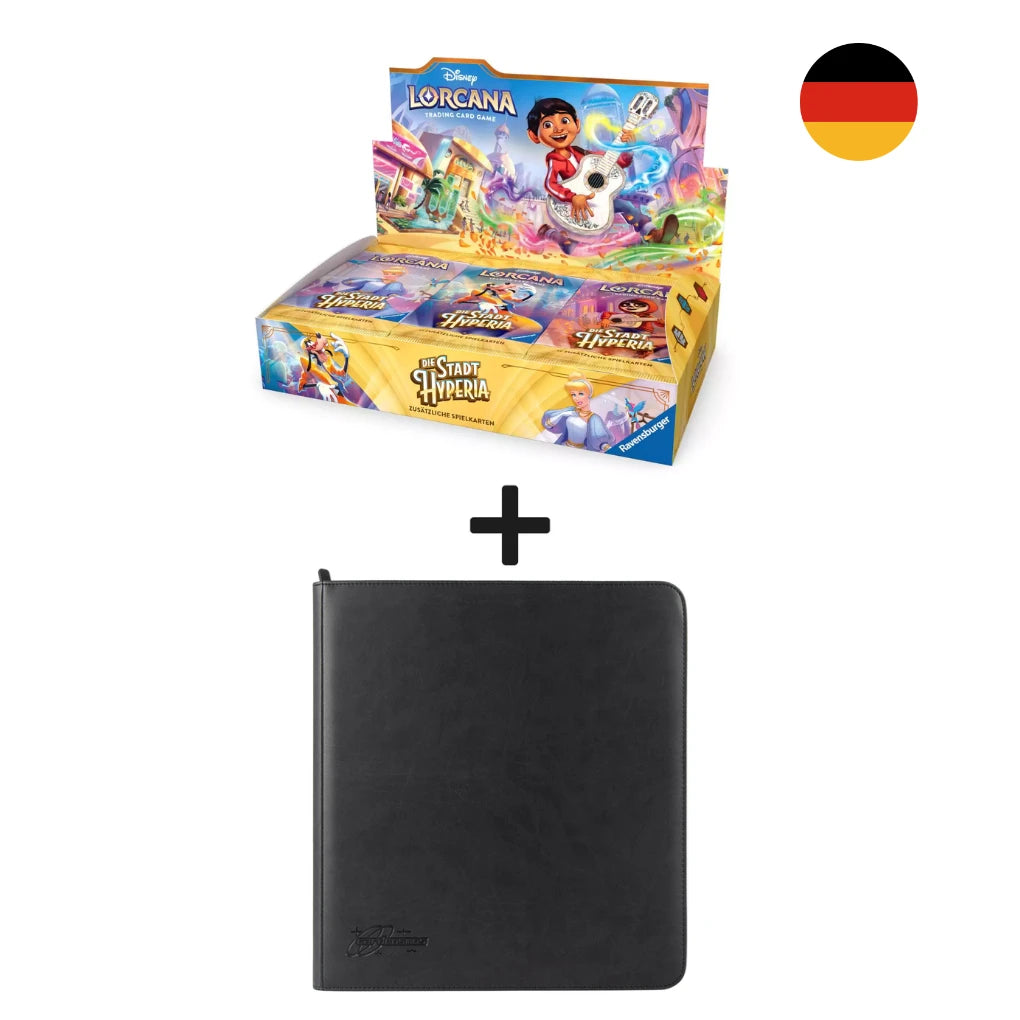 Disney Lorcana Die Stadt Hyperia Booster Display DE + 12 Pocket binder Zwart Bundle