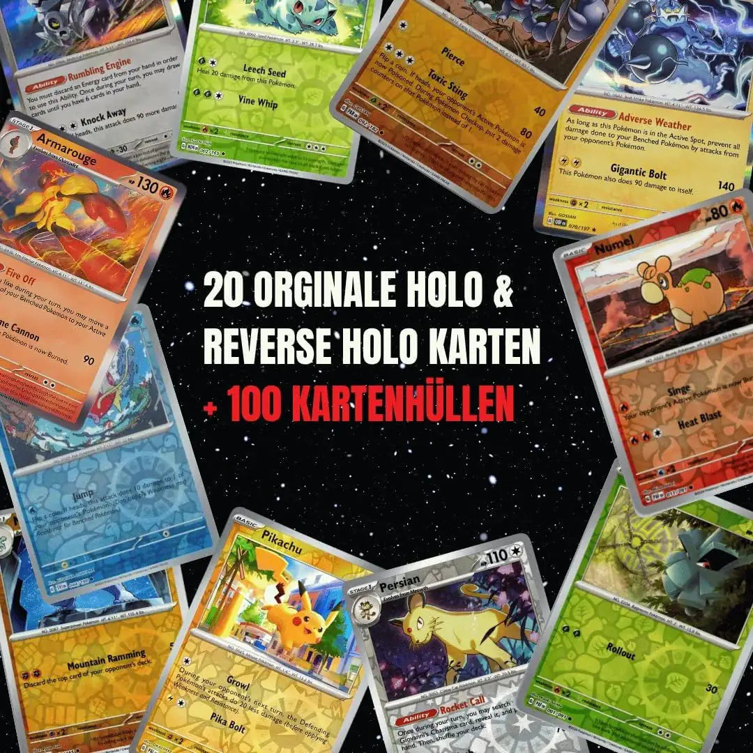 Pokémon Holo Karten Set Englisch – 20 Holo & Reverse Holo Karten + 100 Kartenhüllen