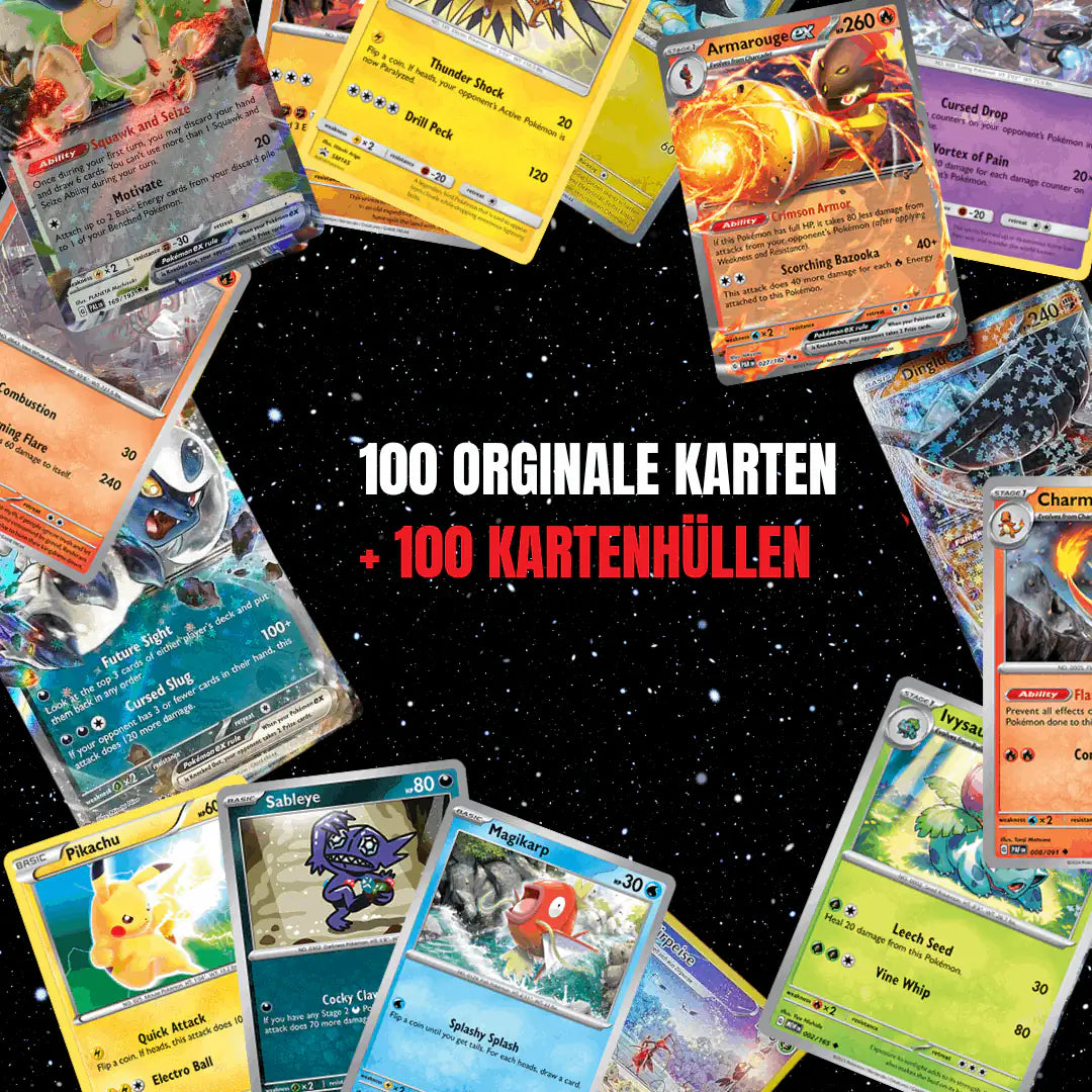 Pokémon Karten Set Englisch – 100 Karten inkl. 12 Holo + 100 Kartenhüllen