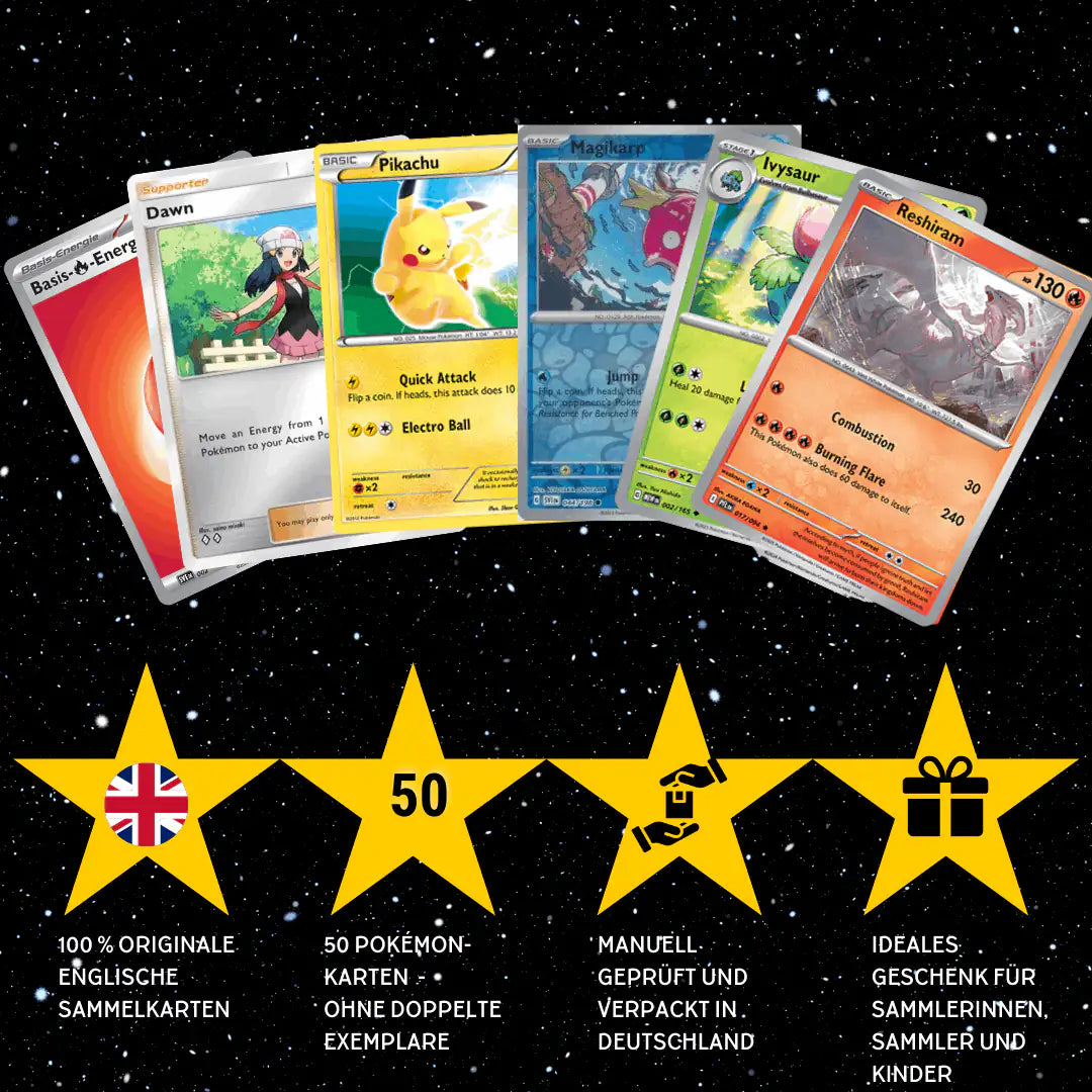 Pokémon Karten Set Englisch – 50 Karten inkl. 6 Holo + 100 Kartenhüllen