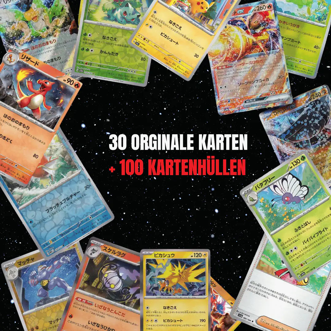 Pokémon Karten Set Japanisch – 30 Karten inkl. 4 Holo + 100 Kartenhüllen